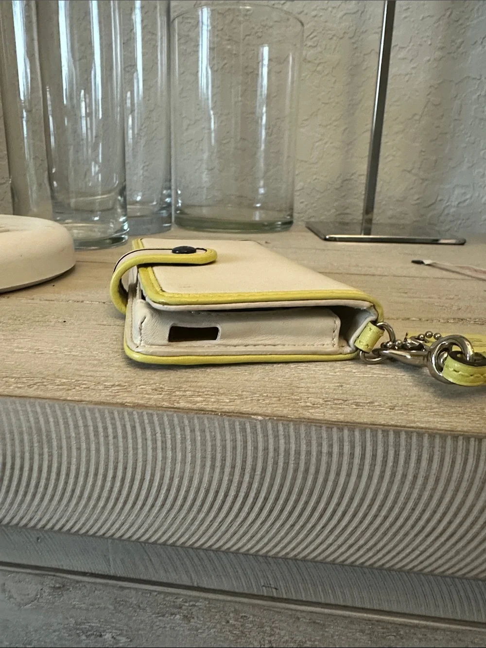 Coach White Leather Phone Case with Yellow Trim and Wristlet